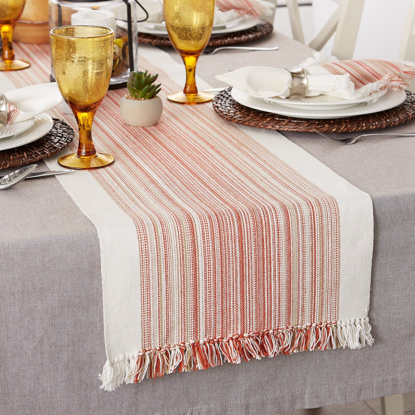 Pimento Striped Fringe Ribbed Table Runner 14X108