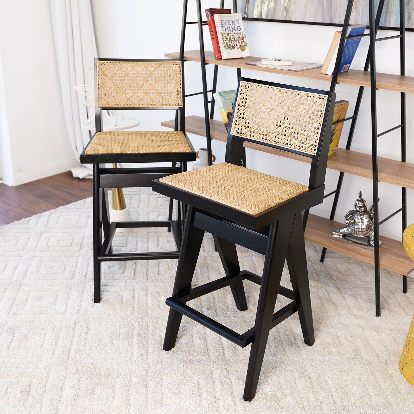 Rattan Bar Stool with Footrest and Open Back Design, Set of 2