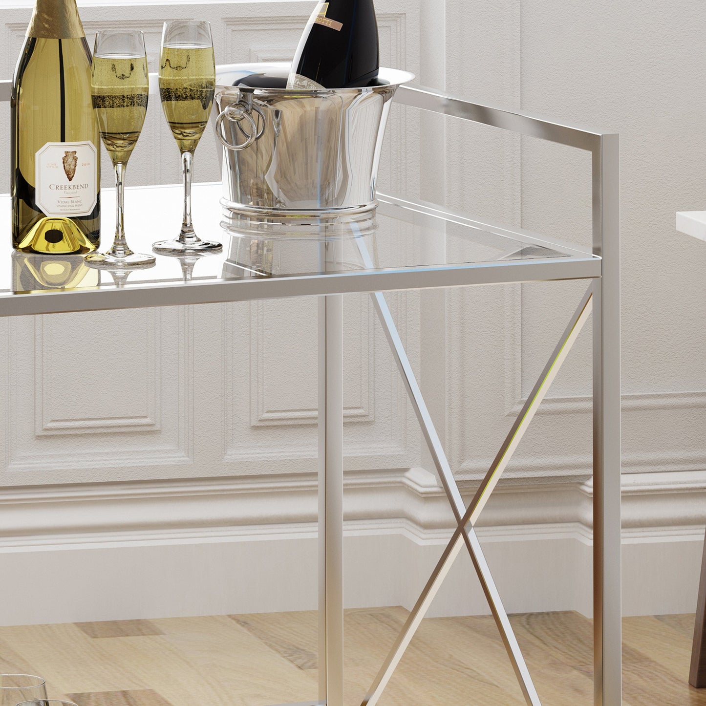 Bar Cart with Glass Shelves and Metal Frame