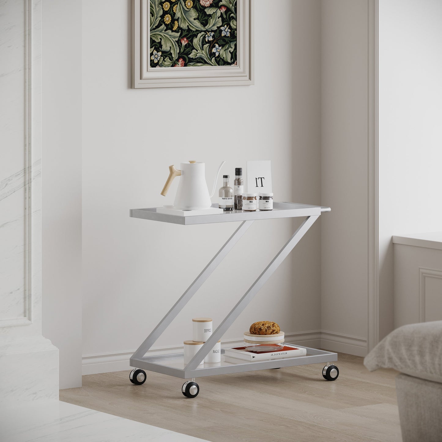 Z-Shape Bar Cart with 2 Glass Shelves and Rolling Casters