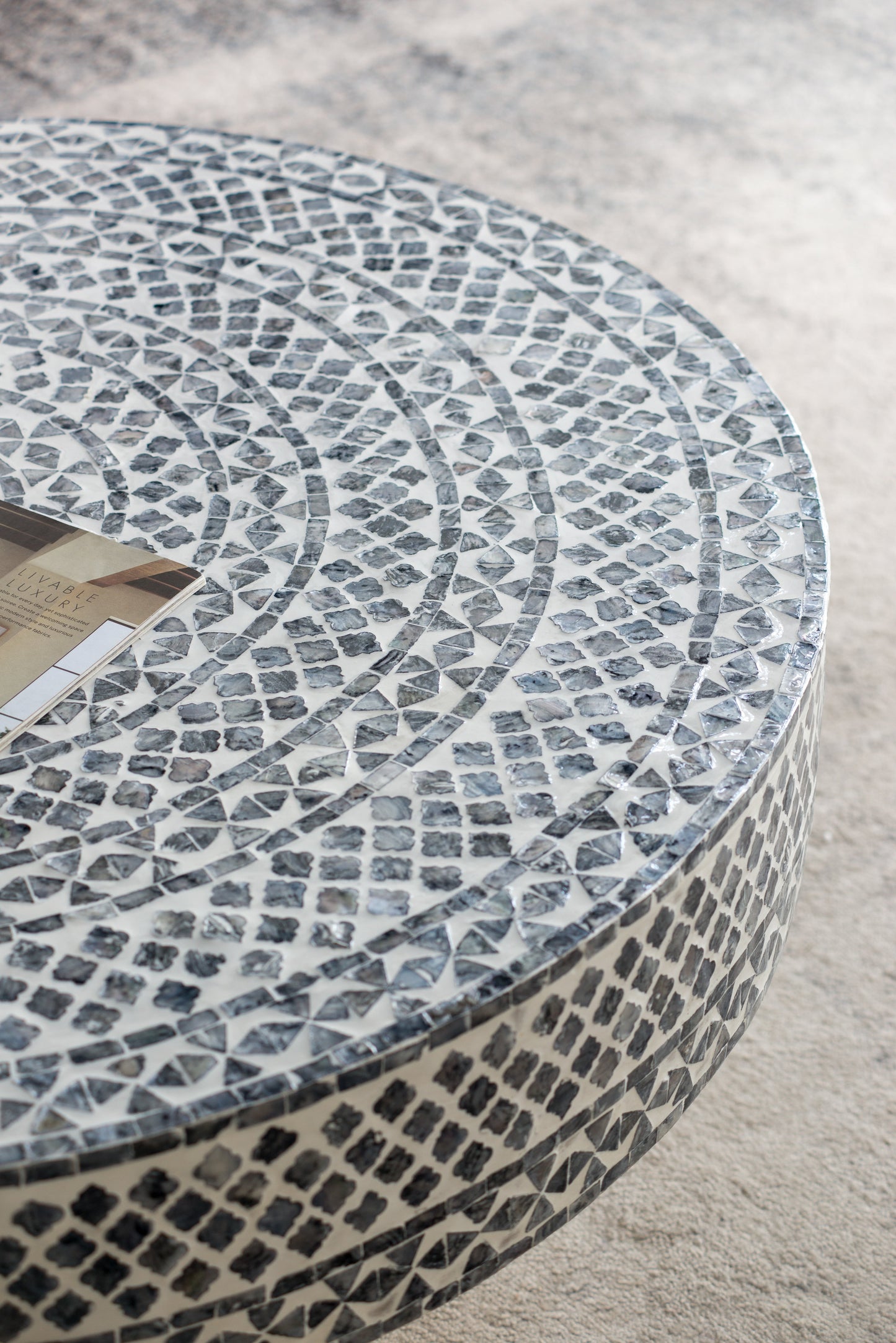 Alacrits Round Coffee Table with Capiz Design and Pedestal Base