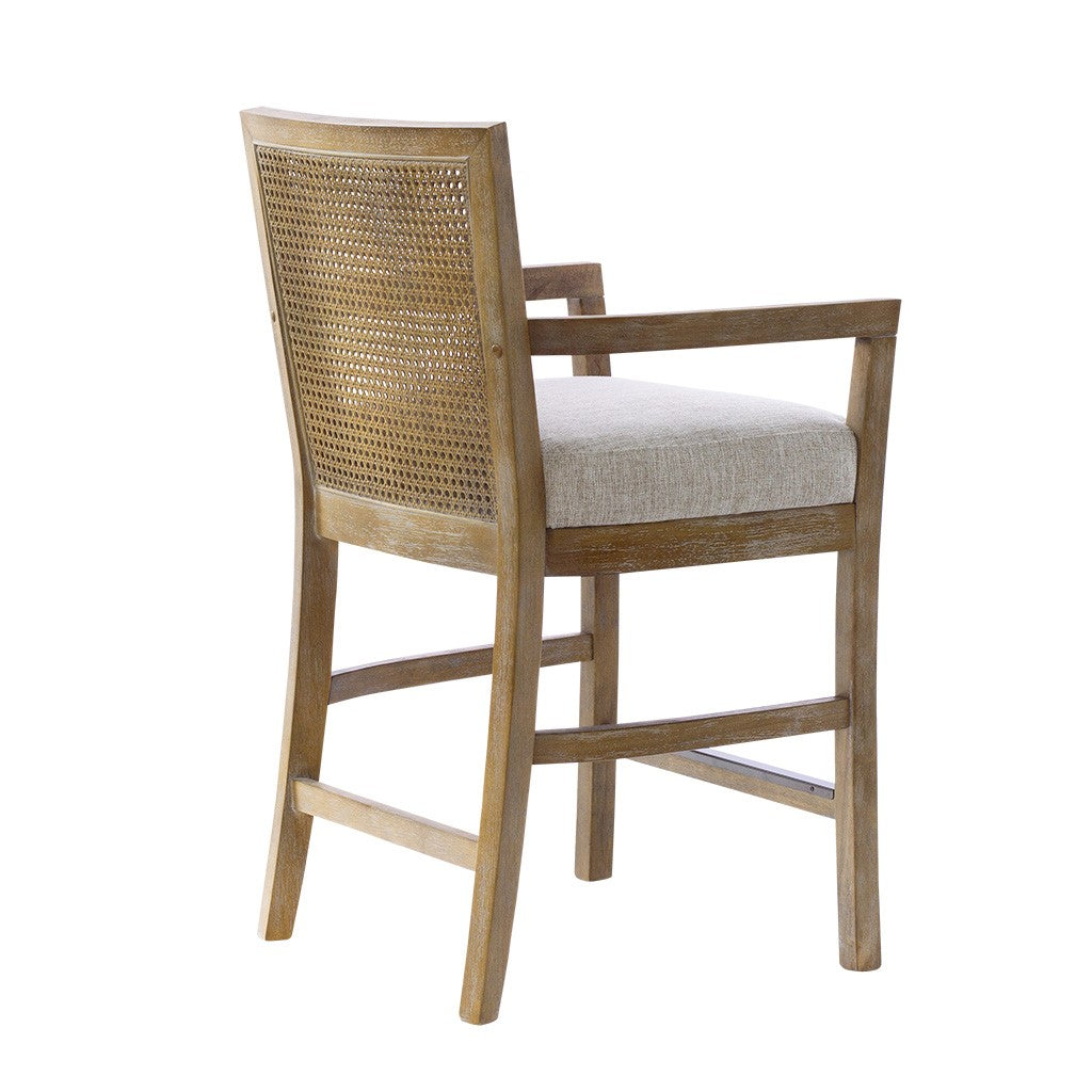 Upholstered Counter Stool with Cane Back and Open Arm Design