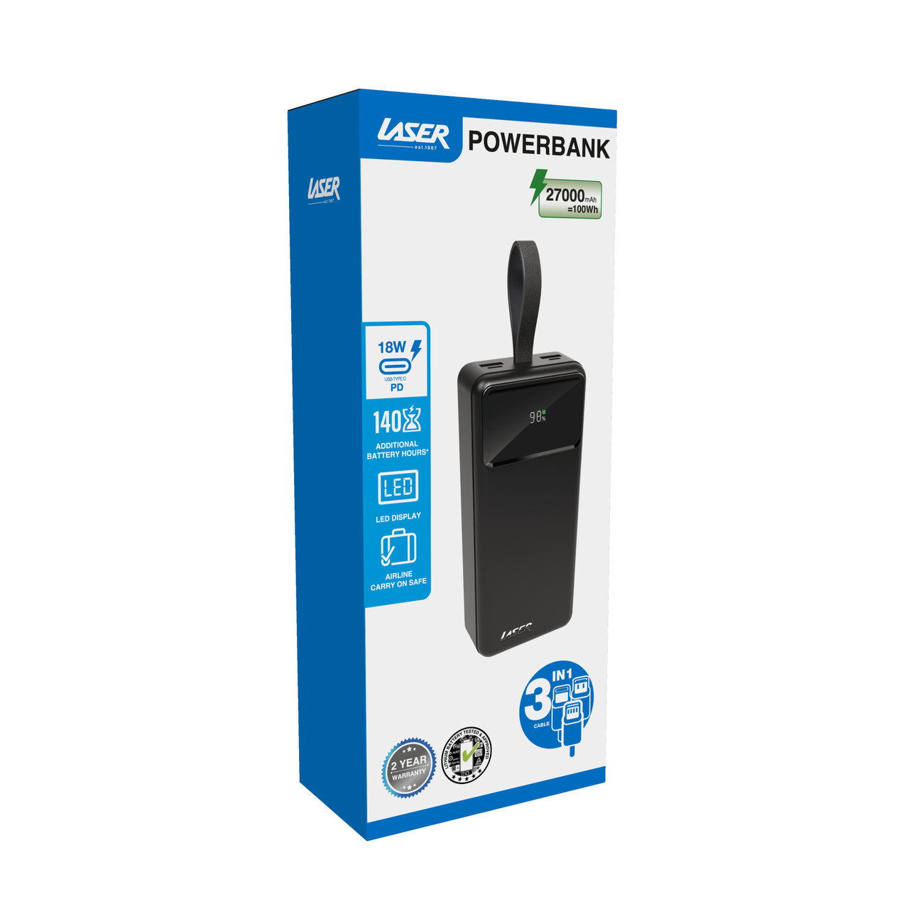 Laser 27000mAh Powerbank 18W PD LED Indicator Fast Charge Black
