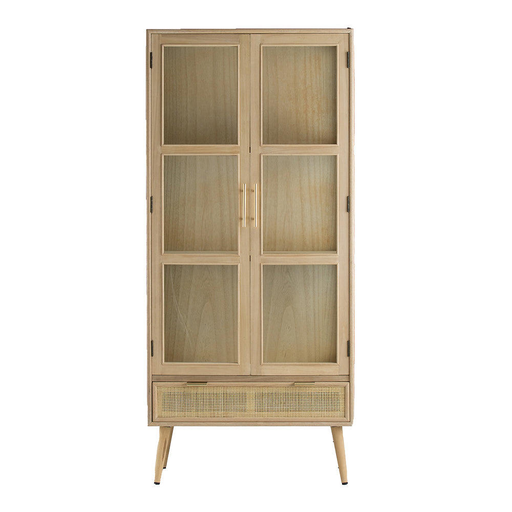 Tall Cabinet with 2 Glass Doors and Rattan Drawer