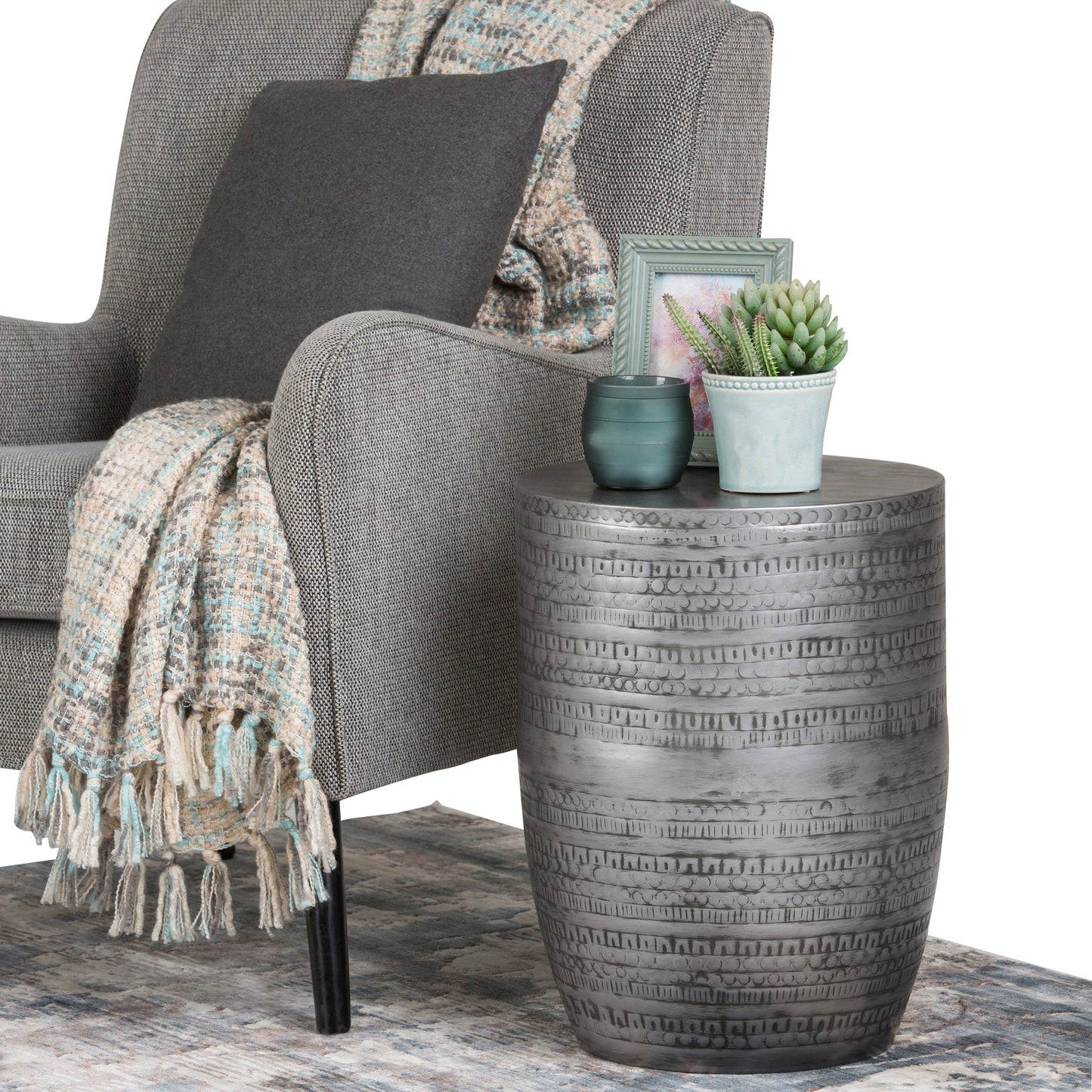 Heights Solid Metal Drum-Shaped Accent Table with Distinctive Texture