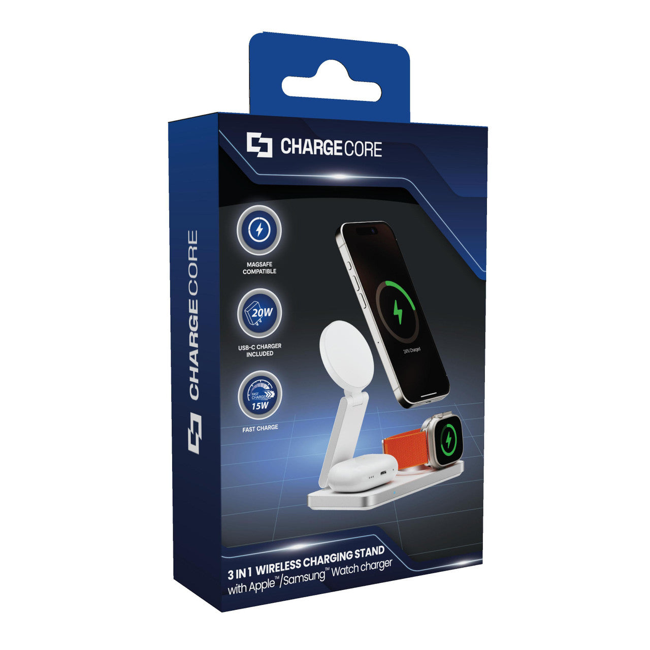 ChargeCore 3-in-1 Wireless Charging Stand (White)