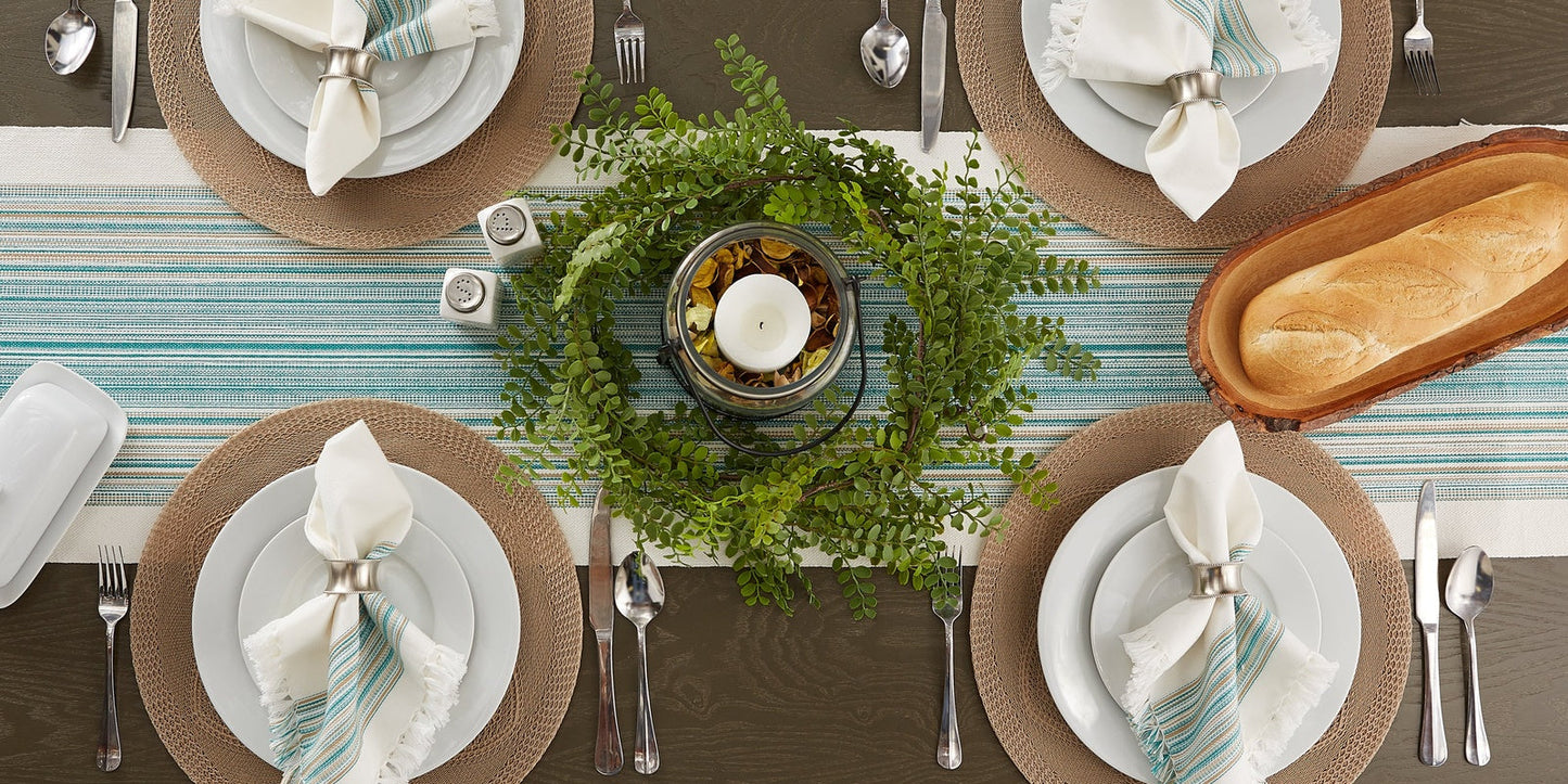 Teal Blue Striped Fringe Ribbed Table Runner 14X108