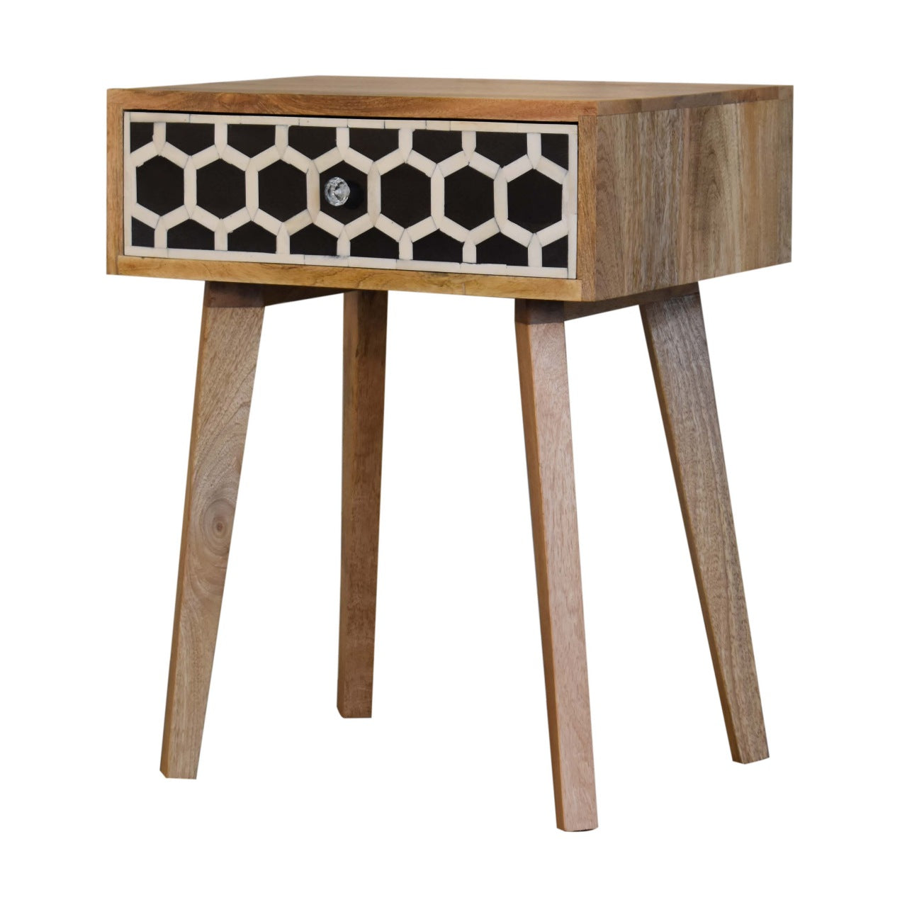 Arcanist Bone Inlay Bedside with Drawer and Tapered Wood Legs