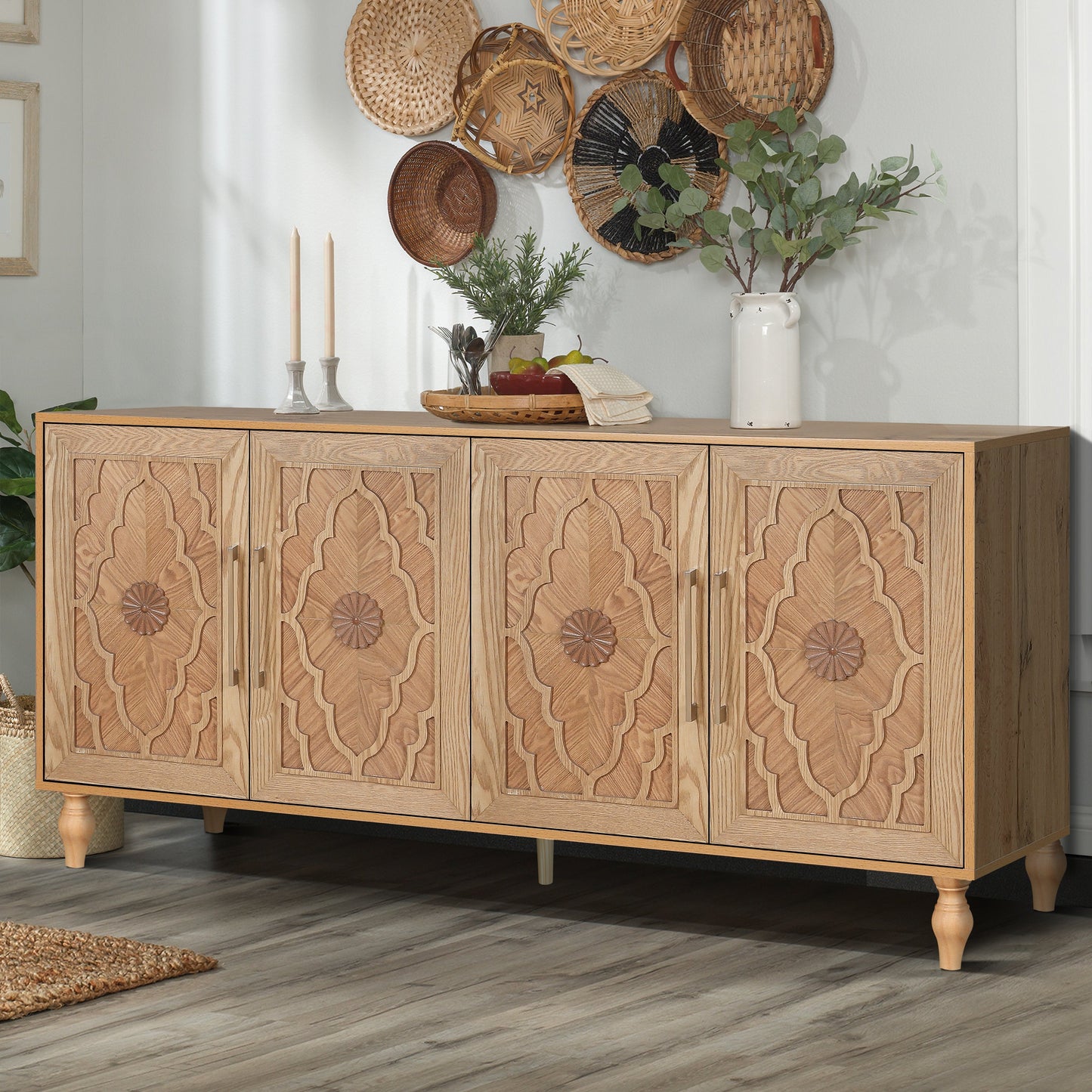 Bespokee Carved Flower Door Large Storage Cabinet With Metal Handle