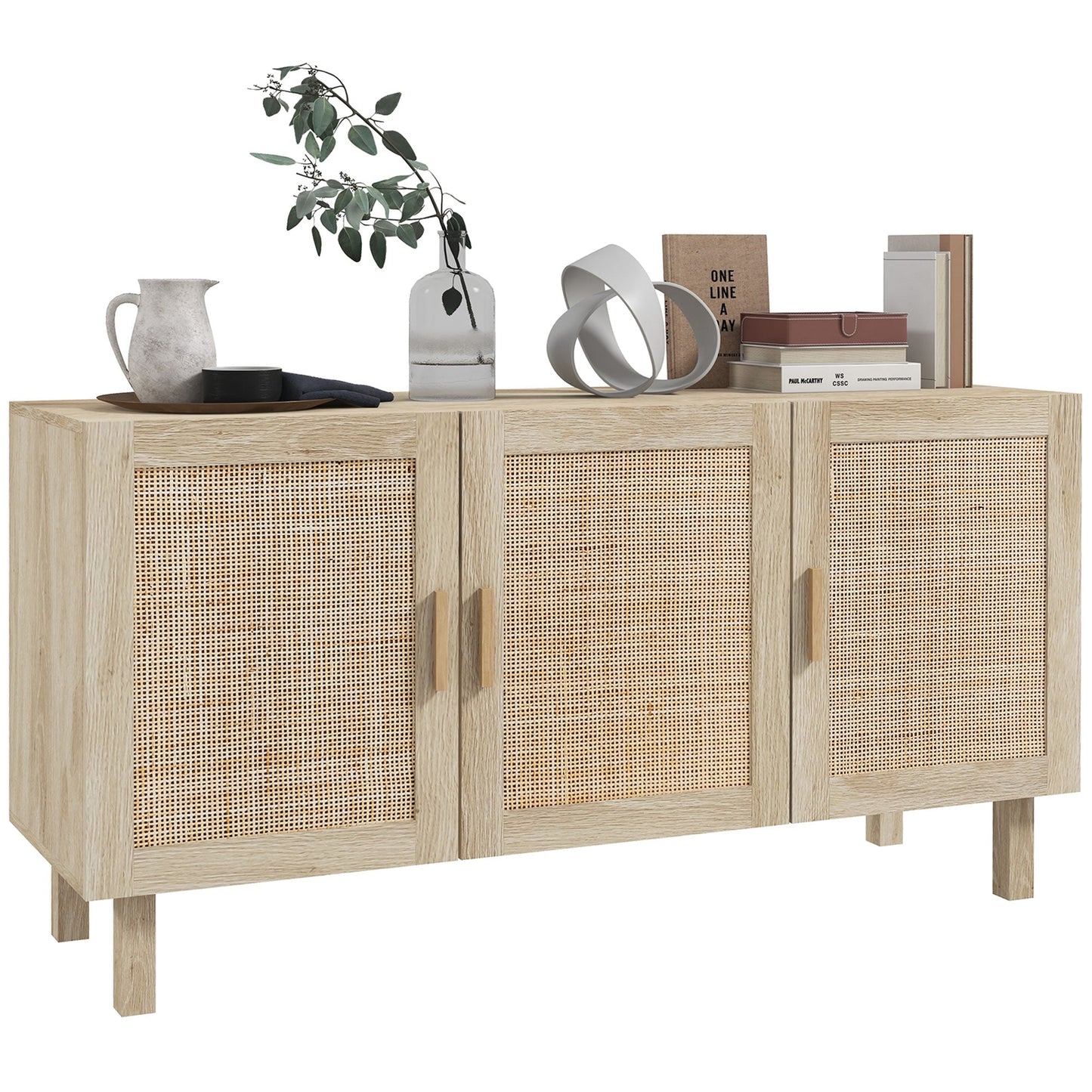 Particle Board Cabinet with 3 Rattan Doors and Adjustable Shelves