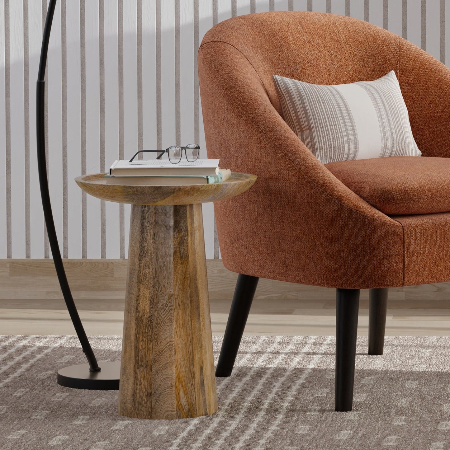 Pantomime Wooden Round Accent Table with Sculptural Design Base