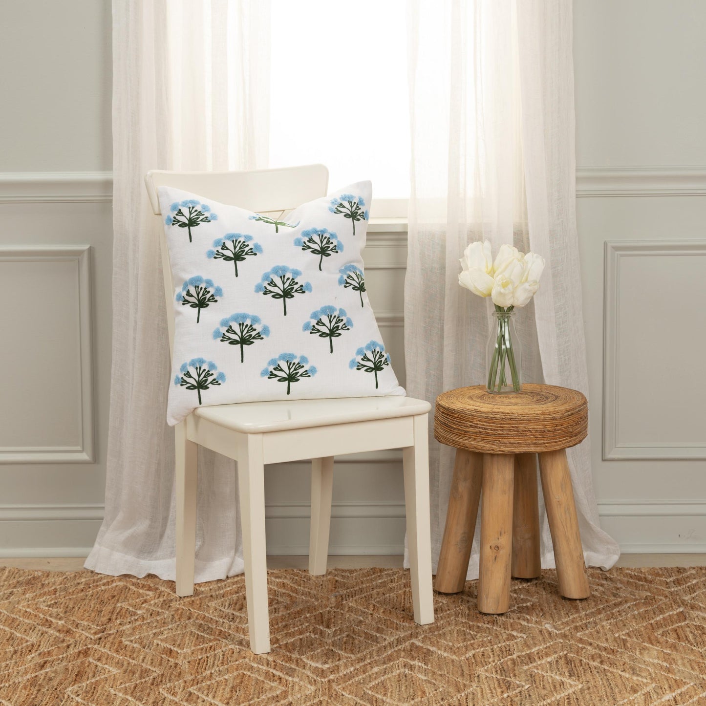 Botanical  Printed With Embroidery 100% Cotton Decorative Throw Pillow