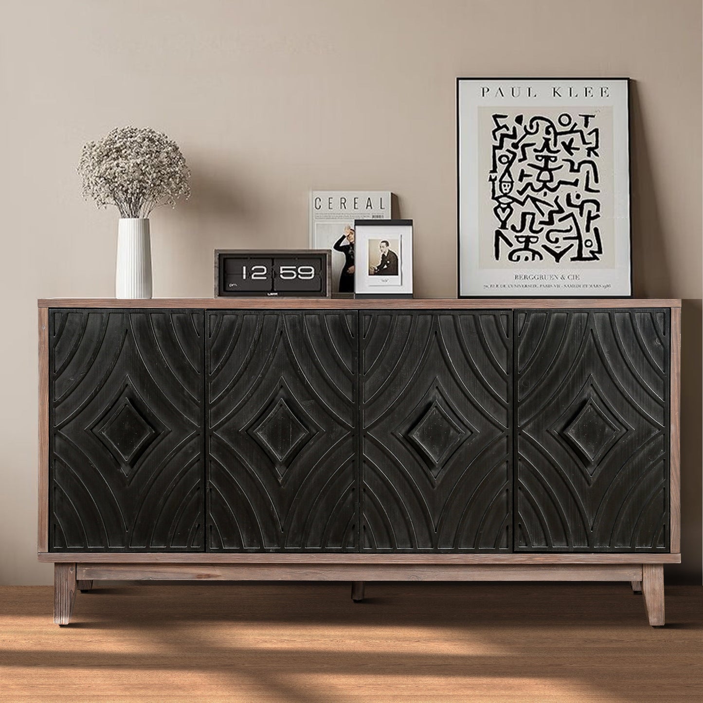Storage Cabinet with 4 Convex Pattern Diamond Doors and Shelves