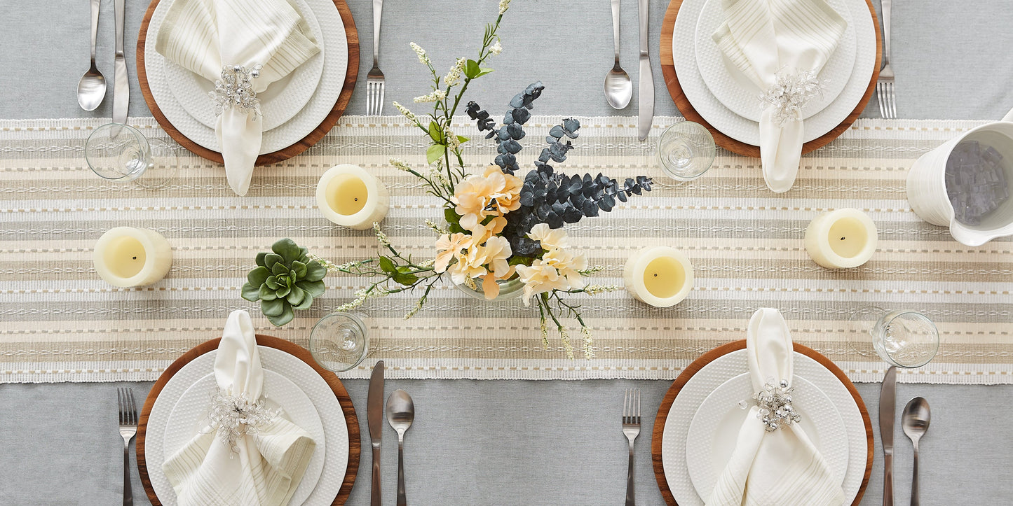 Natural Tonal Stripe With Fringe Table Runner 14X72