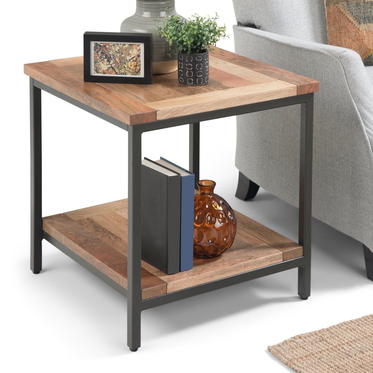 Haloed Square Side Table with Open Bottom Shelf and Metal Frame
