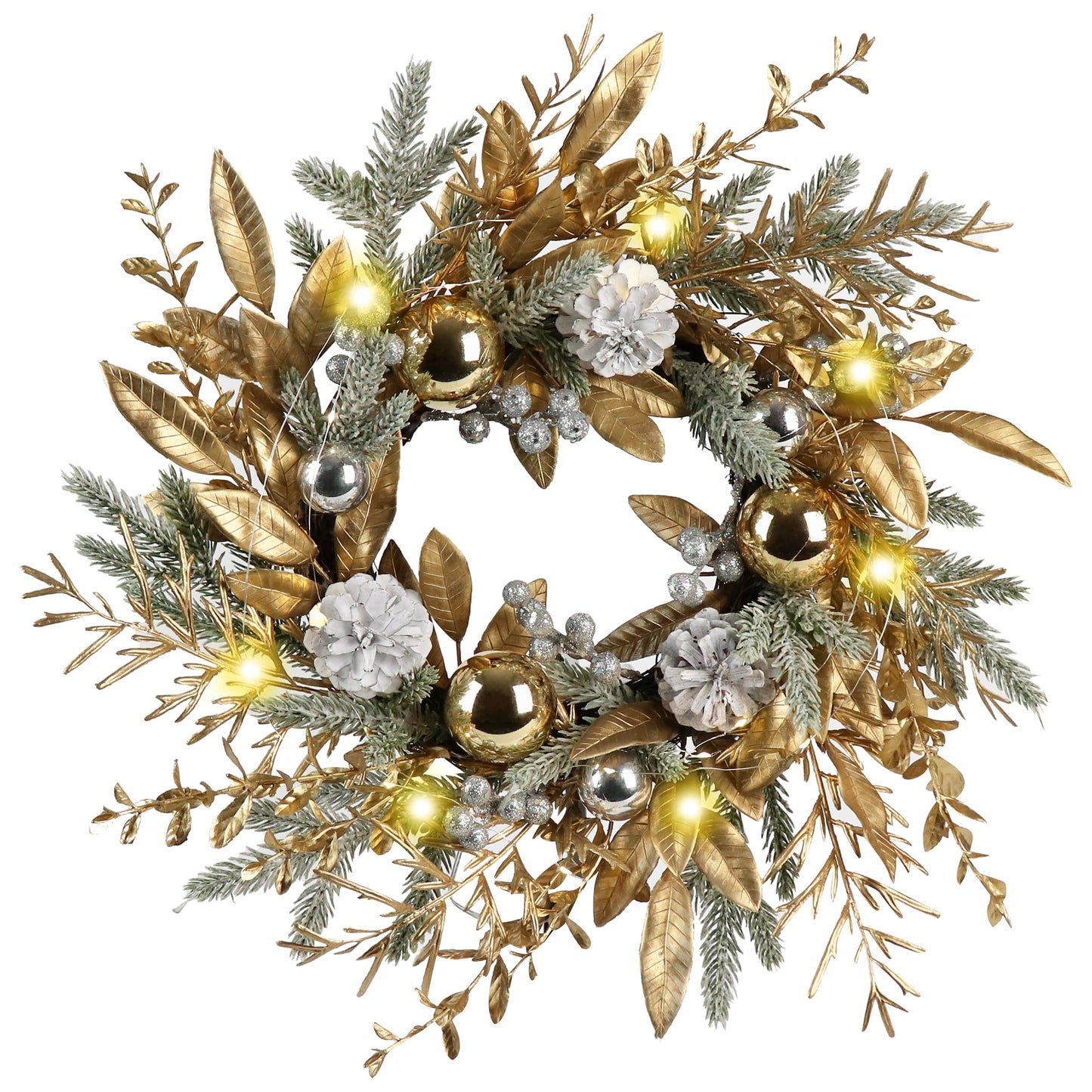 Slenix 20-inch Christmas Wreath, Christmas Door Decorations Wreath with Warm Lights