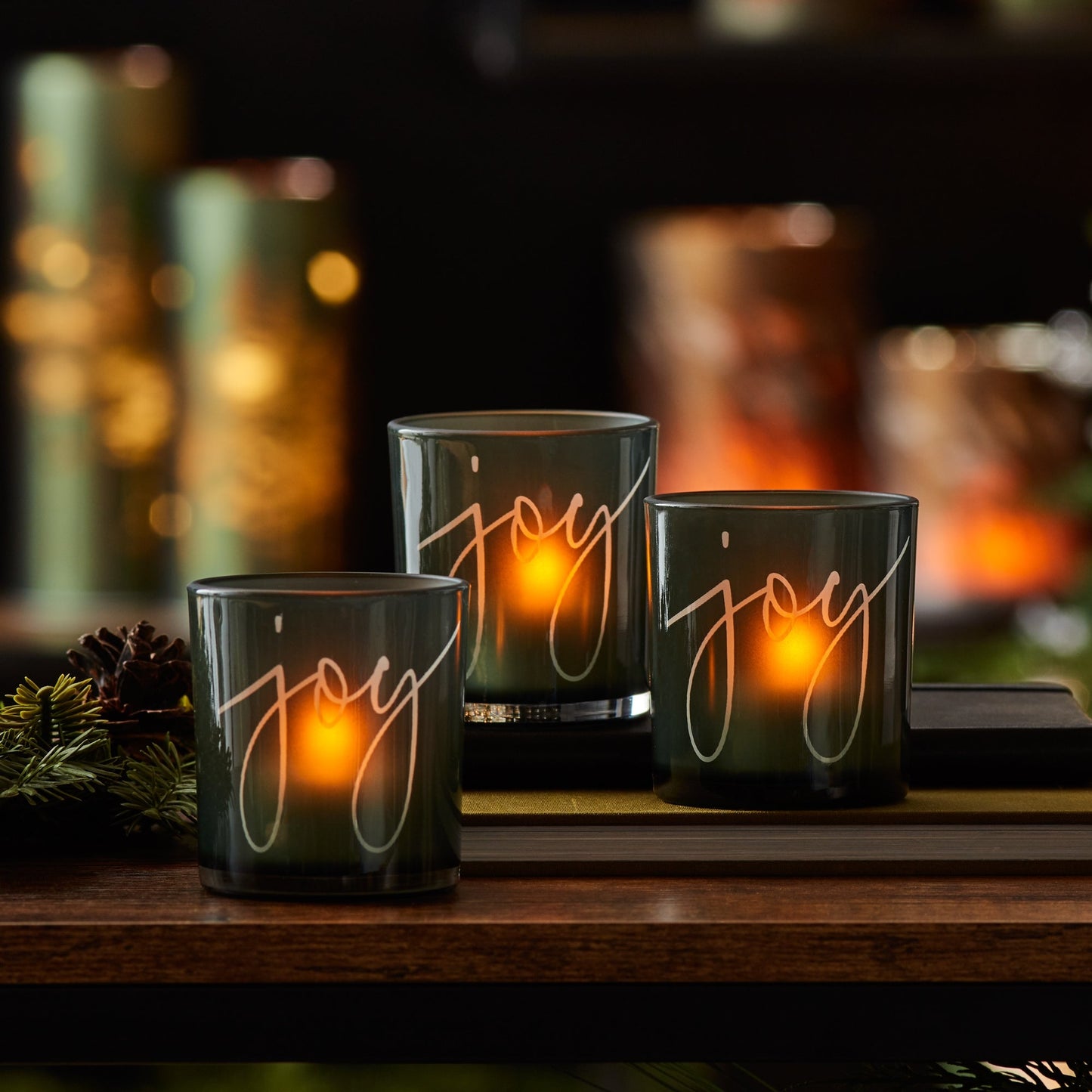 Green Glass Joy Candle Holder, Set of 3