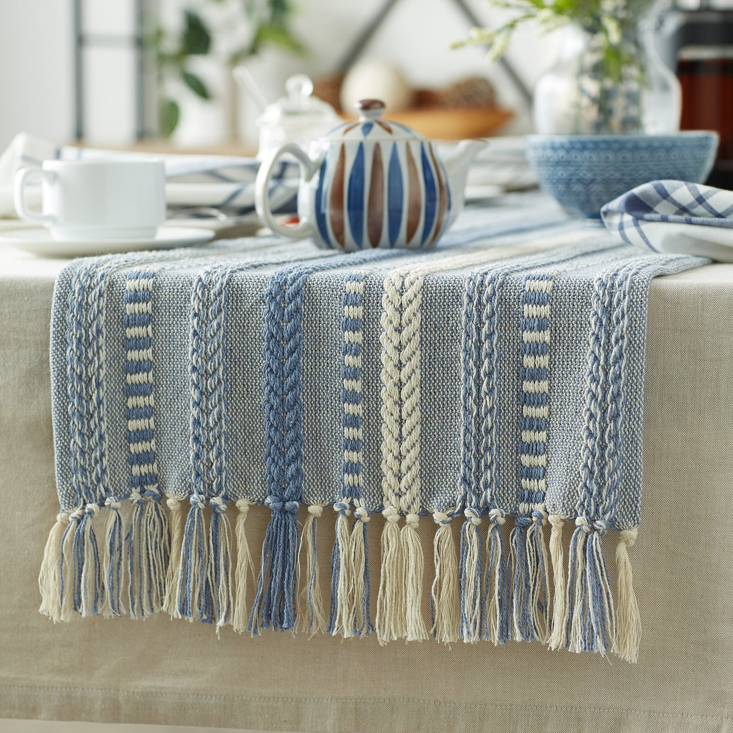 Stonewash Blue Braided Stripe Table Runner 15X72