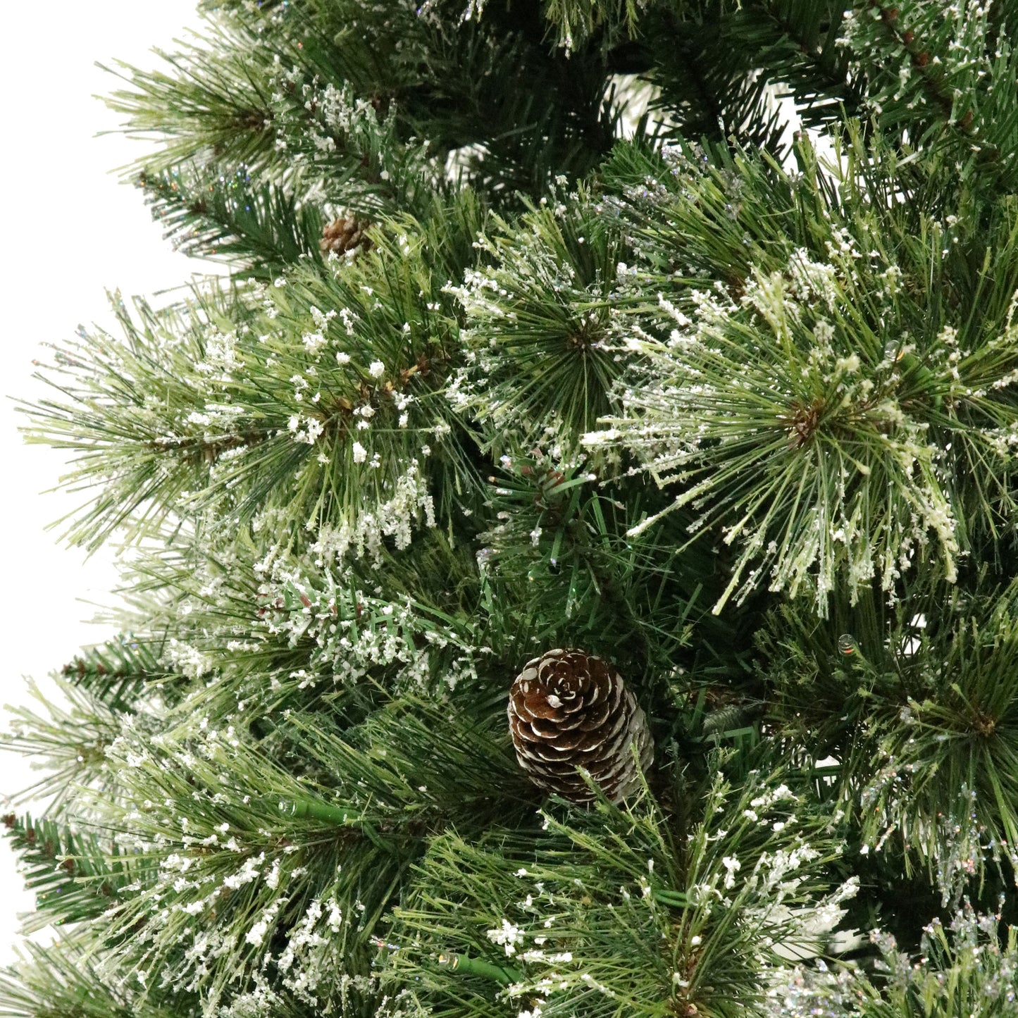 Meris 7.5 ft Brilste Mixed Hinged Christmas Tree with Snow, Glitter, 86 Frosted Pine Cones and 750 Clear LED Lights
