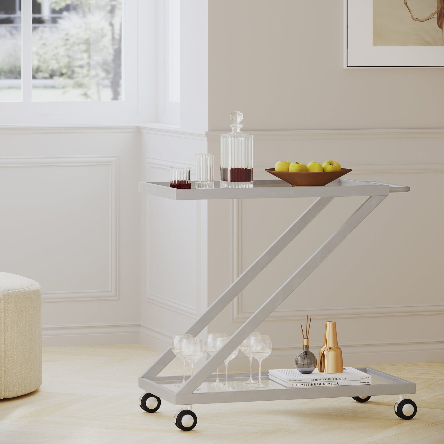 Z-Shape Bar Cart with 2 Glass Shelves and Rolling Casters