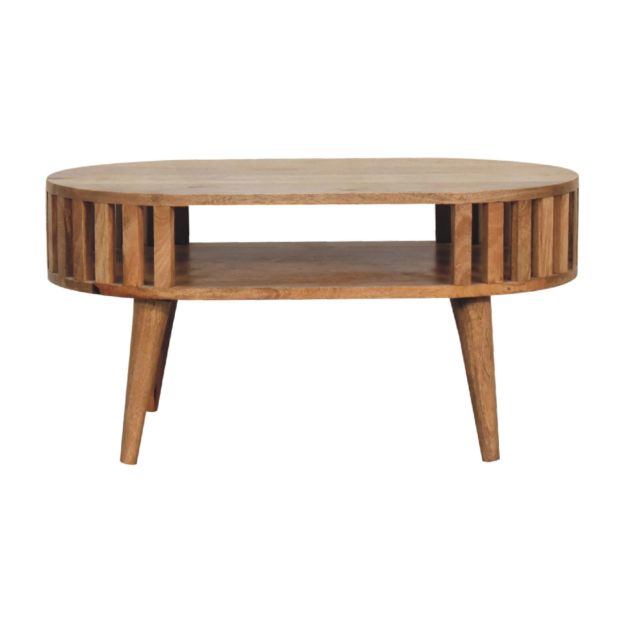 Alliance Oval Coffee Table with Open Shelf and Vertical Slats Side