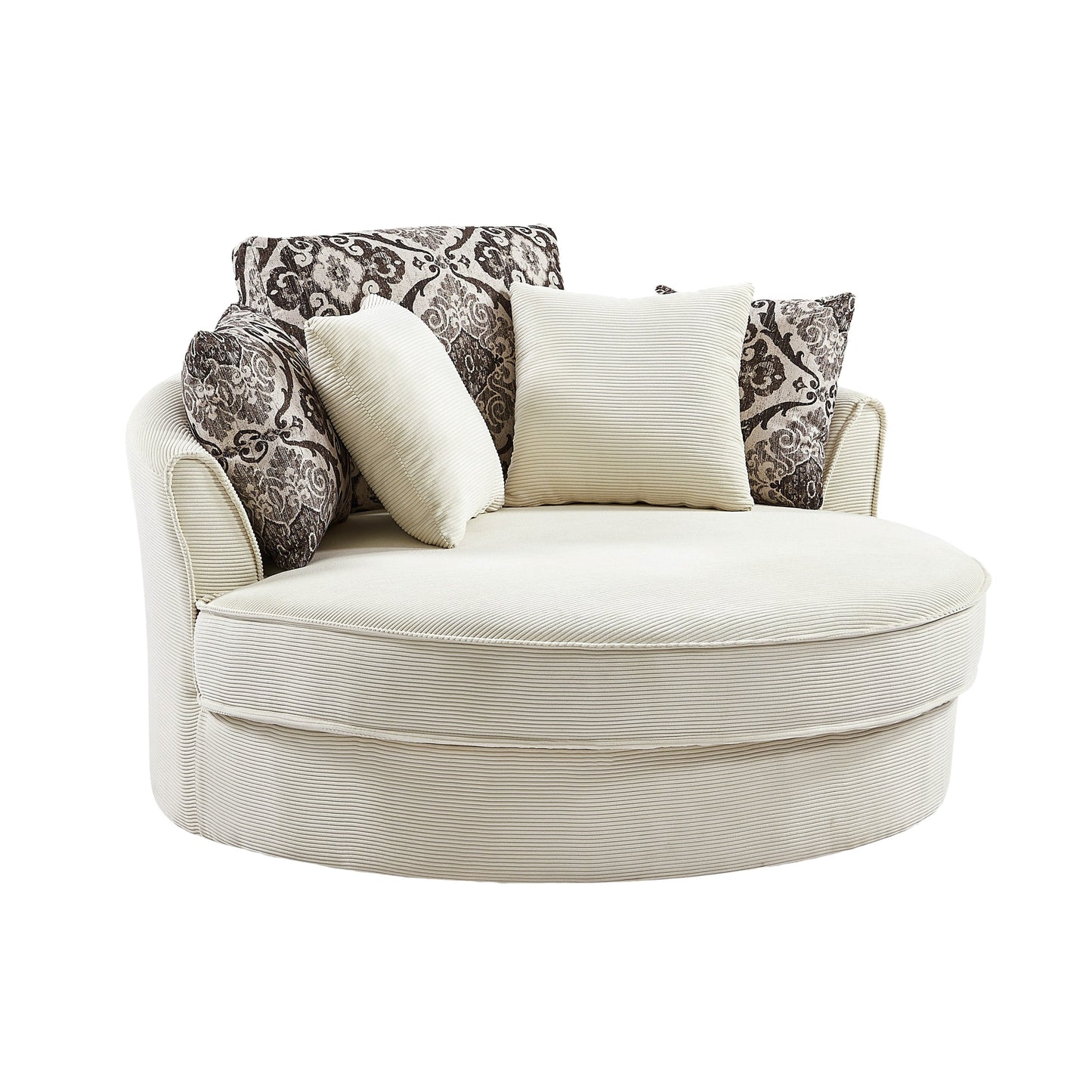 Upholstered Swivel Barrel Chair with 5 Movable Pillows and Metal Base