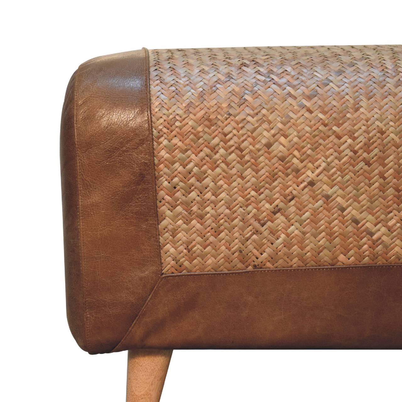 Large Upholstered Bench with Seagrass Base and Wood Legs