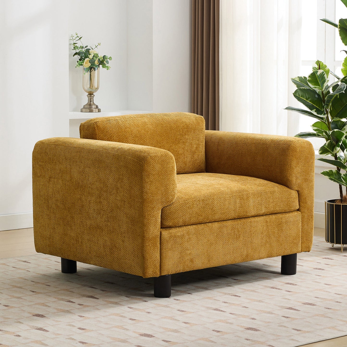 Elixired Upholstered Arm Chair with Tucked Armrests and Round Rubberwood Legs
