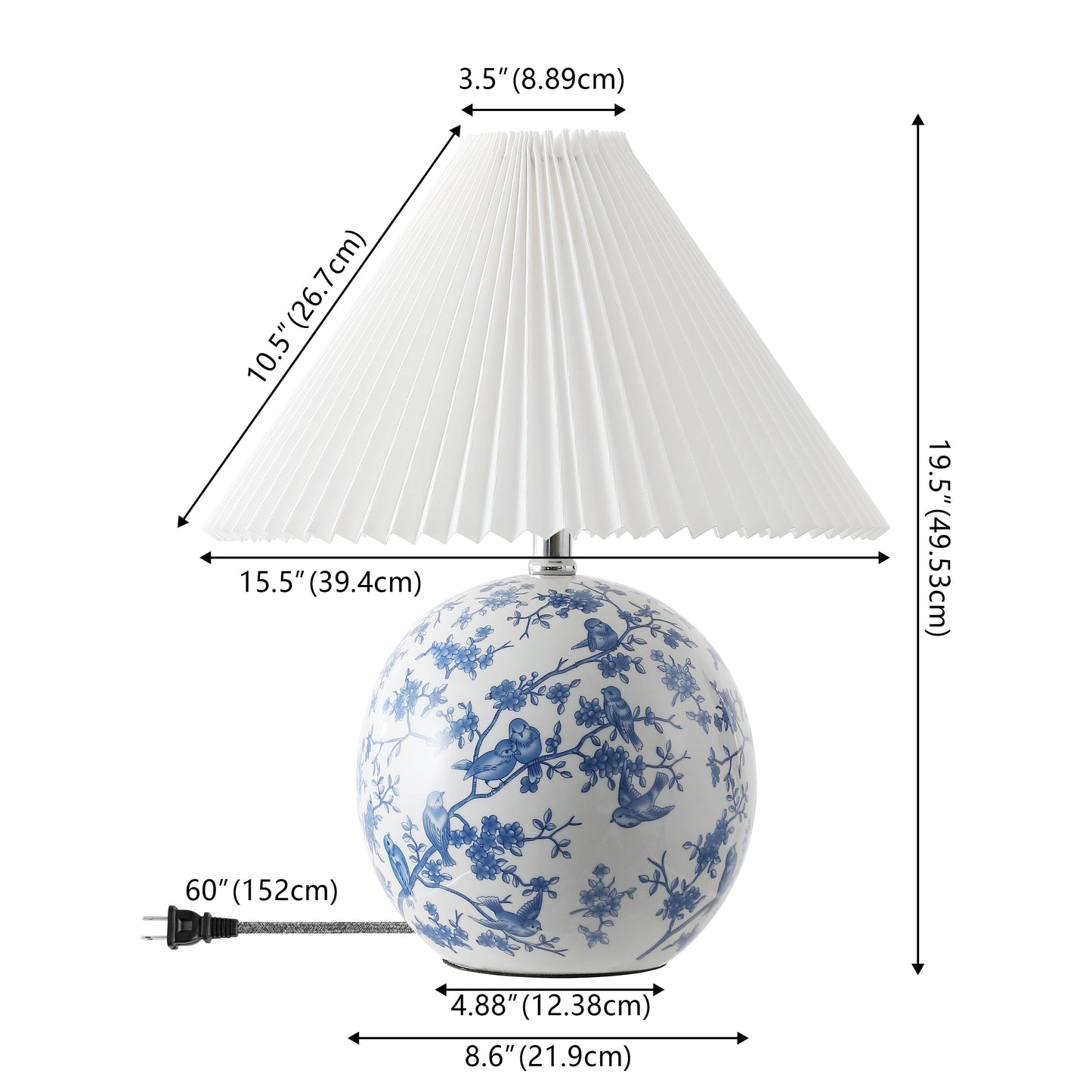 Shishen Cottage Classic Chinoiserie Ceramic Orb LED Table Lamp with Pleated Shade