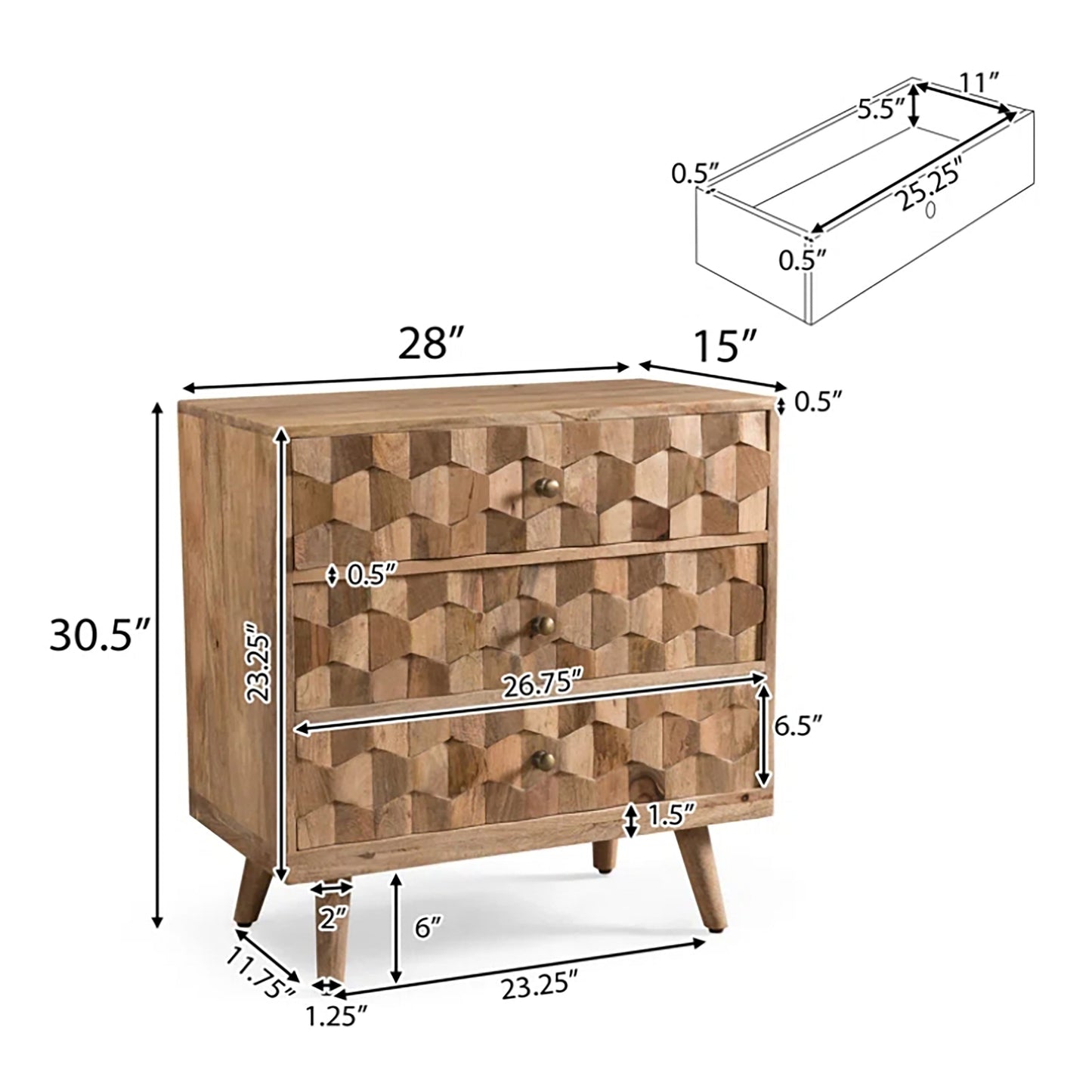 Mango Wood 3-Drawer Chest with 3D Tile Weave Design