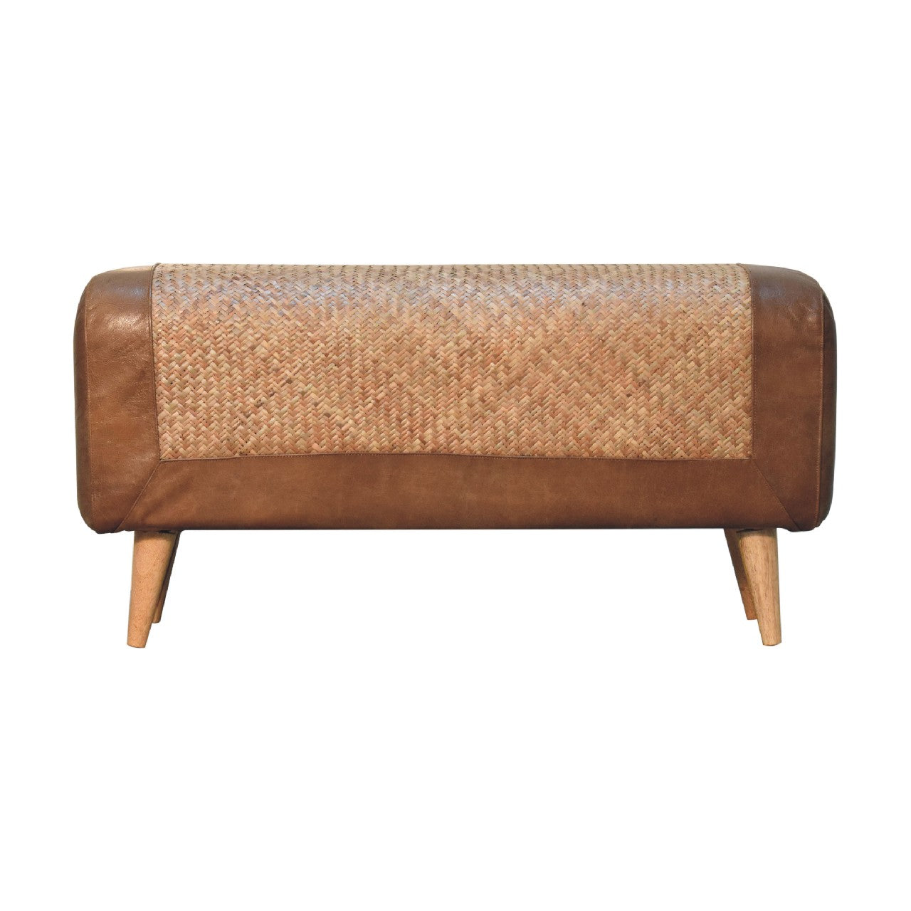 Large Upholstered Bench with Seagrass Base and Wood Legs
