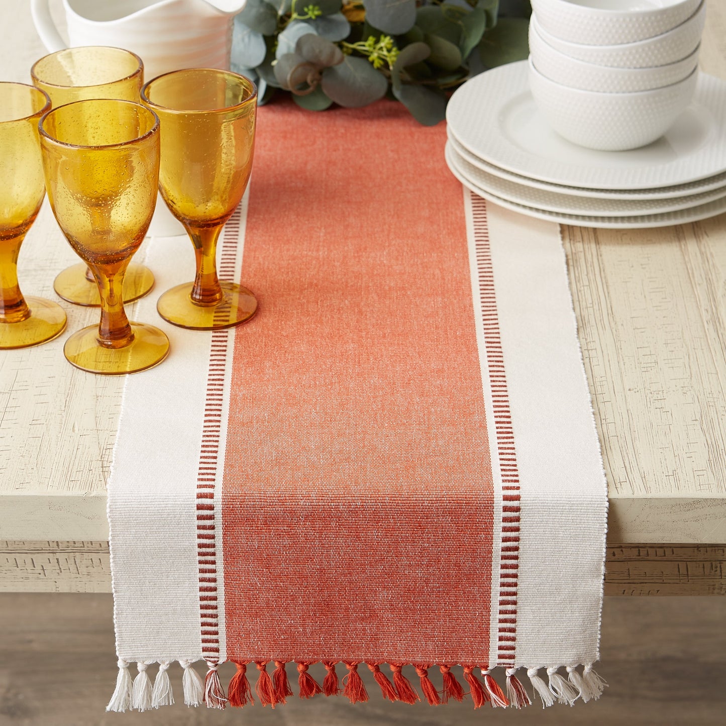 Burnt Orange Striped Fringe Ribbed Table Runner 13X72