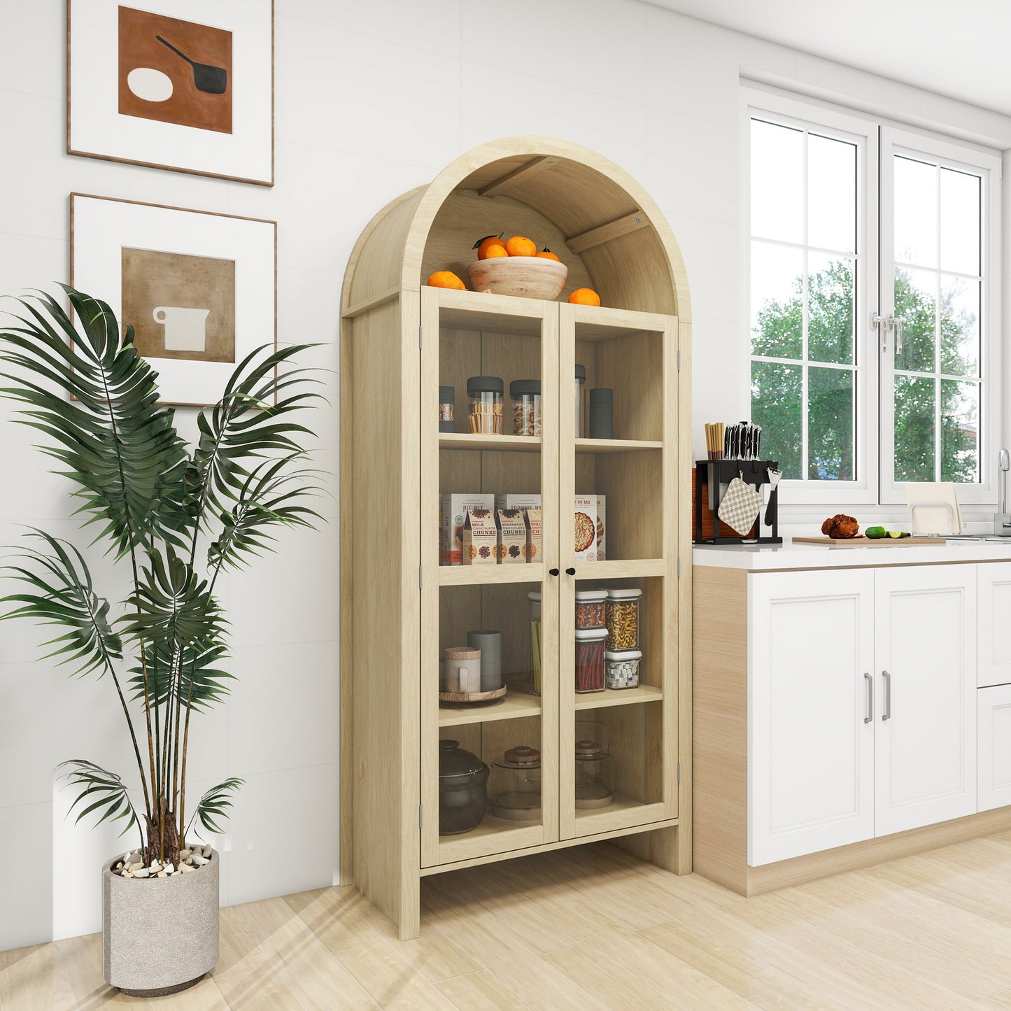 Tall Arched Display Cabinet with 2 Glass Doors and Adjustable Shelves