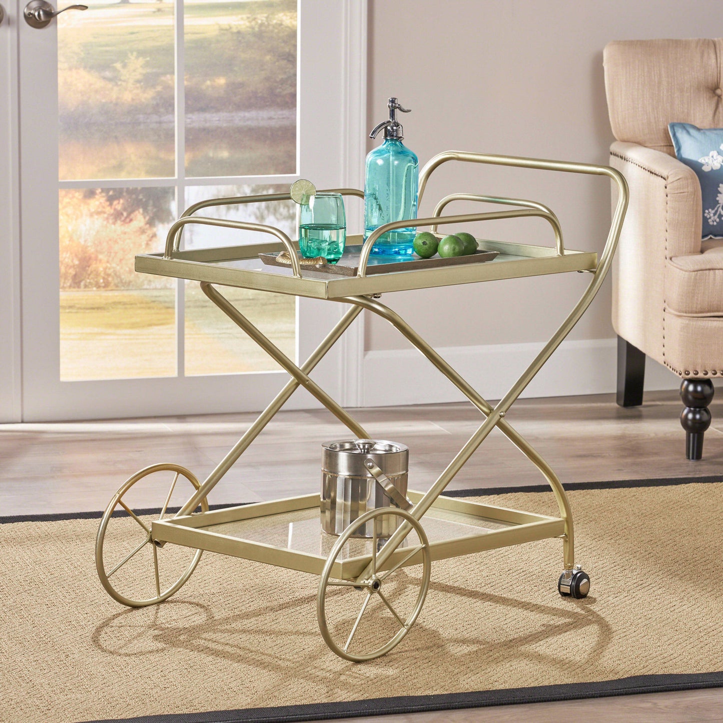 Allegro Outdoor Bar Cart with 2 Tempered Glass Shelves and Metal Frame