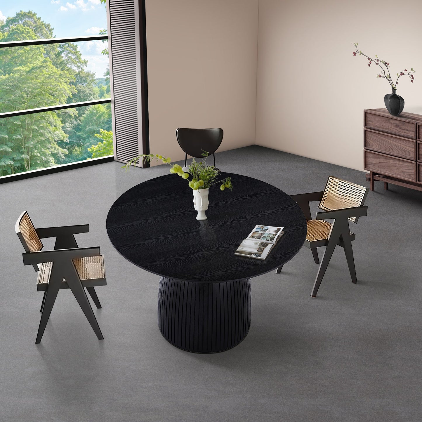 47.24" Round Dining Table with Wood Frame and Wave Pattern Base