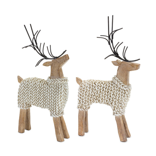 Holiday Deer Figurine with Woven Sweater, Set of 2