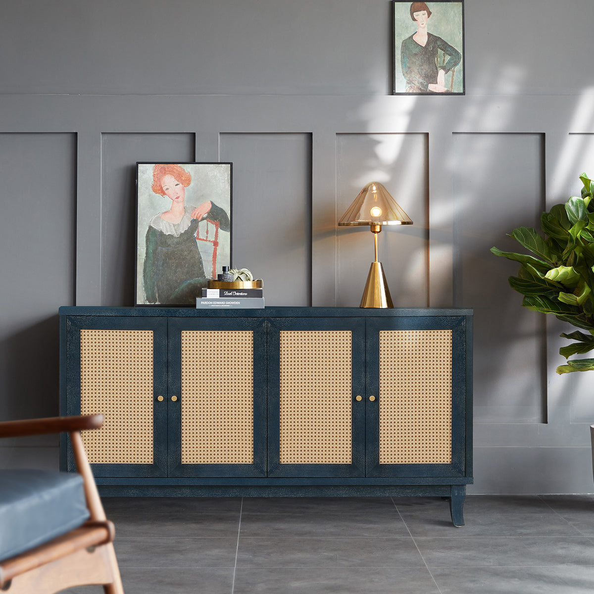 Sideboard with 4 Rattan Doors and Adjustable Shelves, Navy Blue