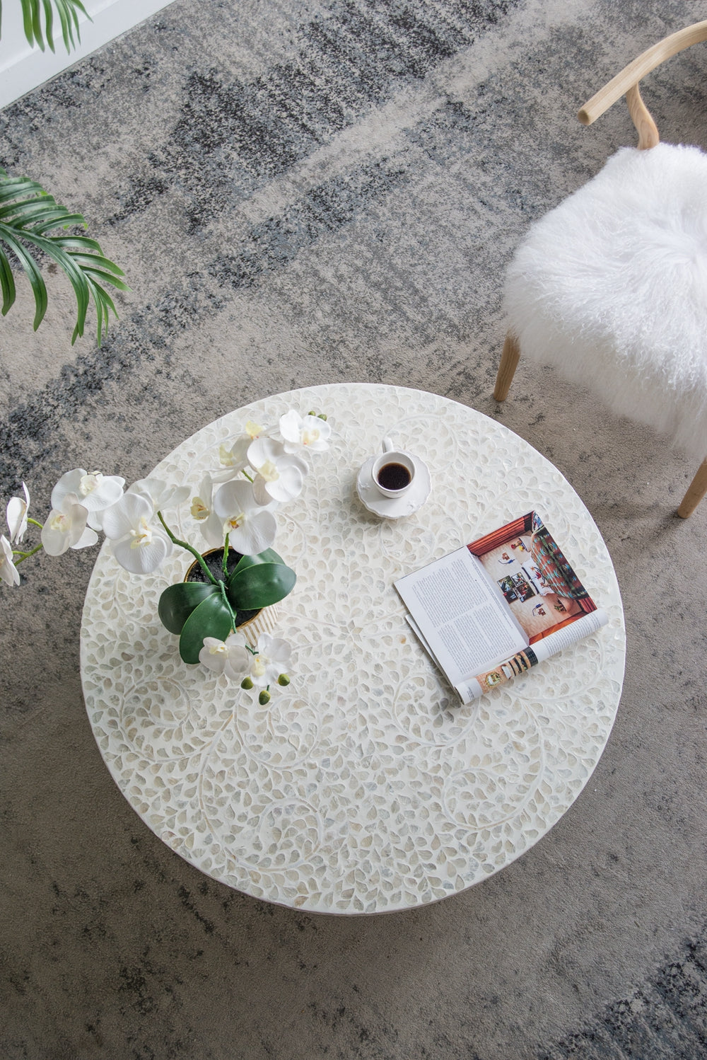 Alacrits Round Coffee Table with Capiz Design and Pedestal Base