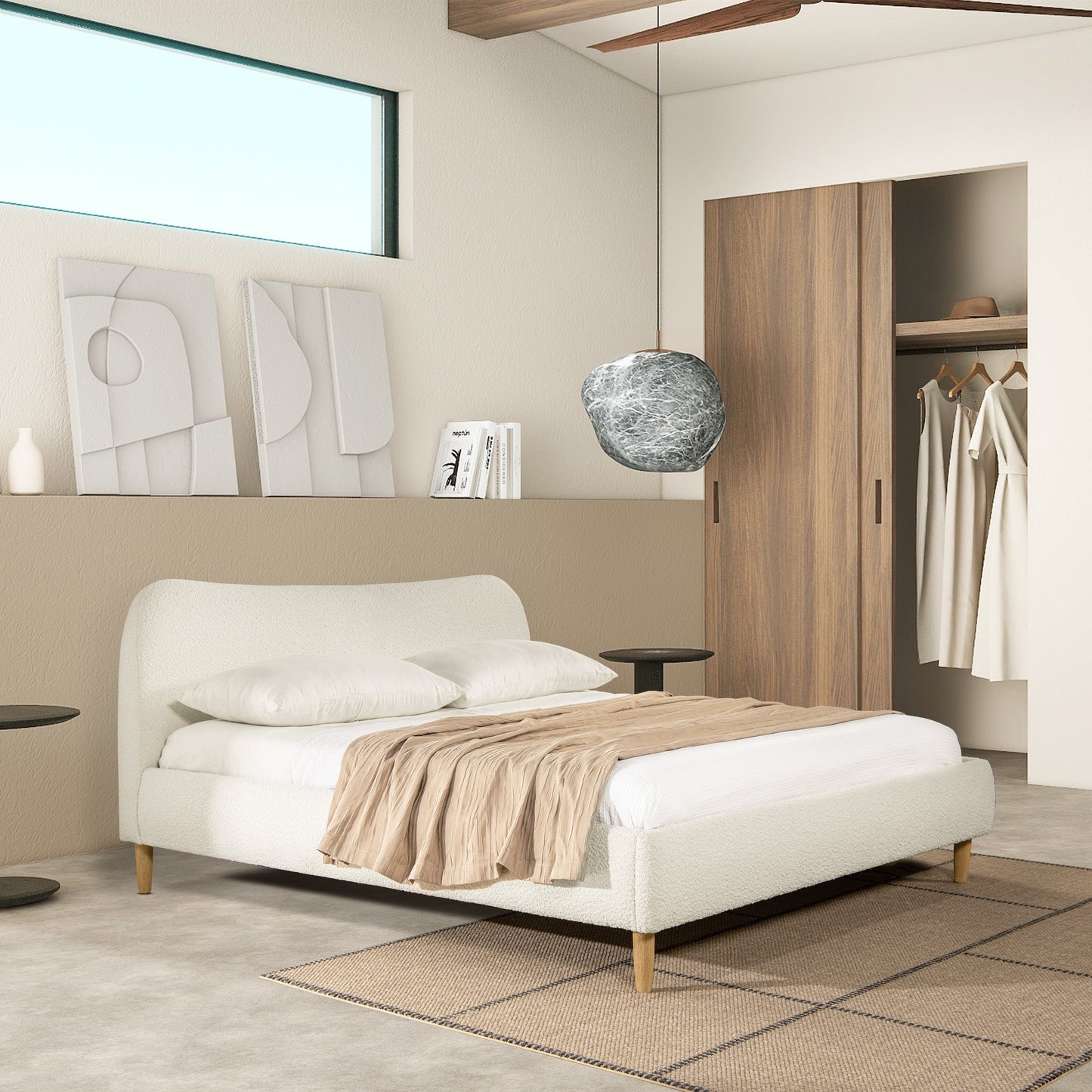Enchantr Upholstered Platform Bed with Curved Headboard and Wood Frame