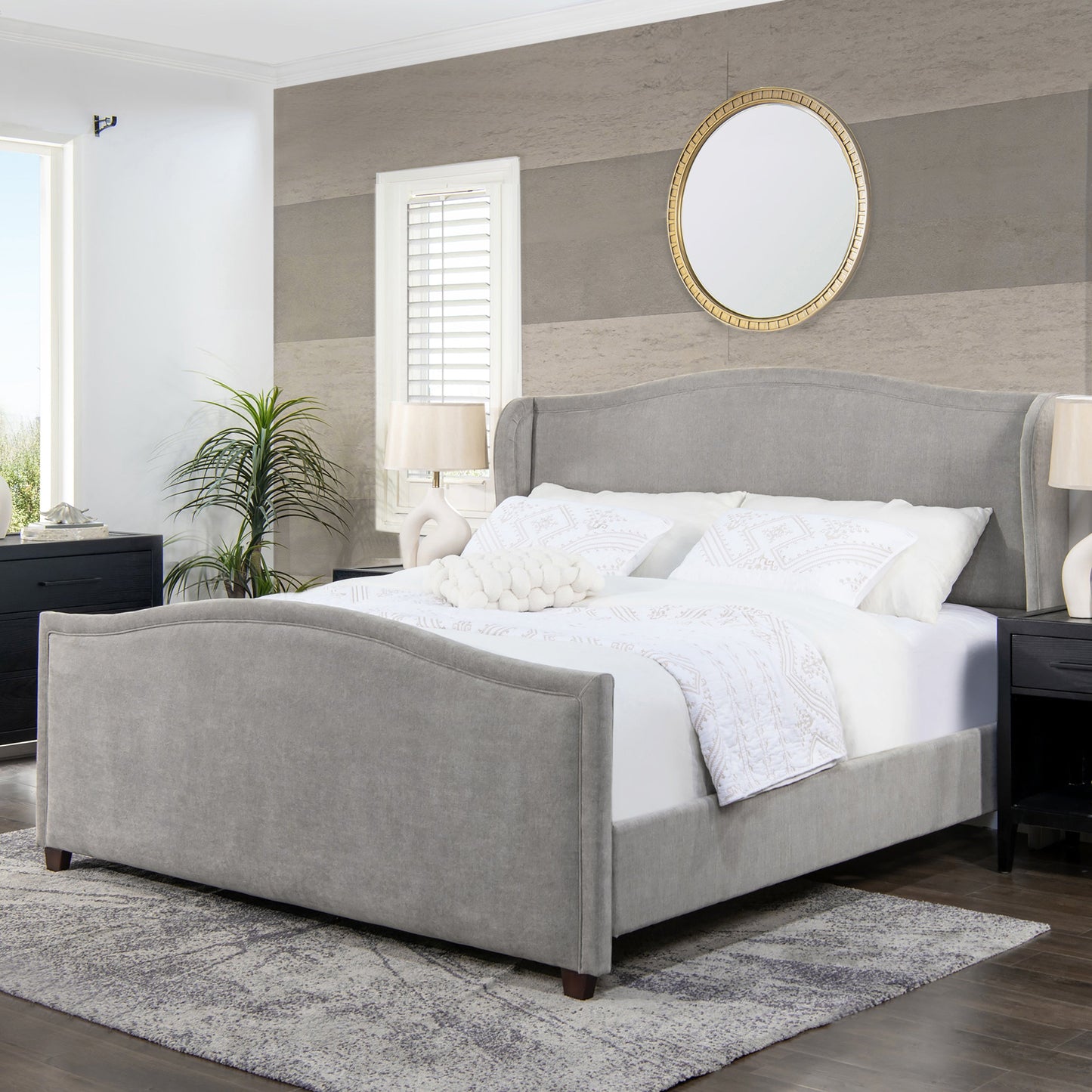 Upholstered King Size Panel Bed with Tall Wingback and Headboard Design