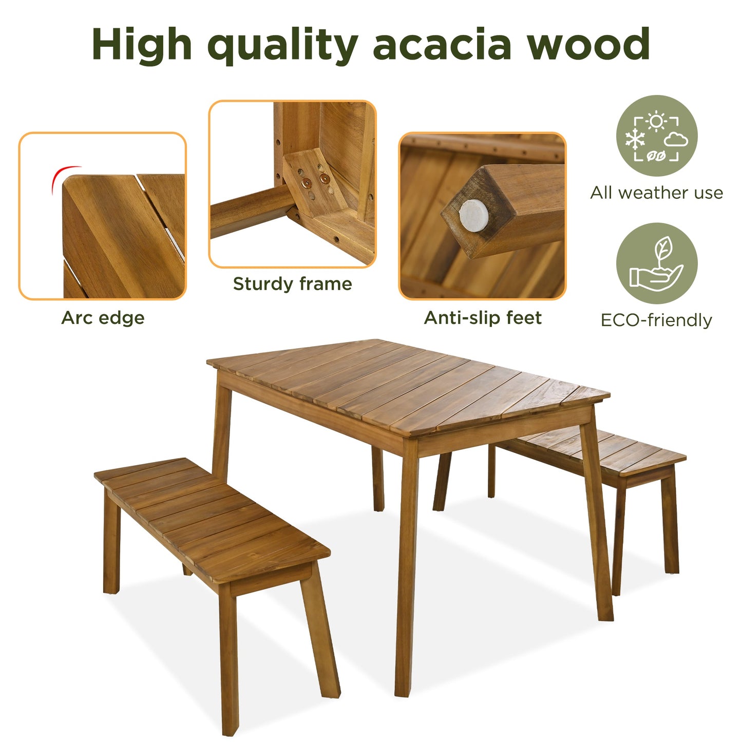 3-Piece Acacia Wood Dining Set with Dining Table and Bench