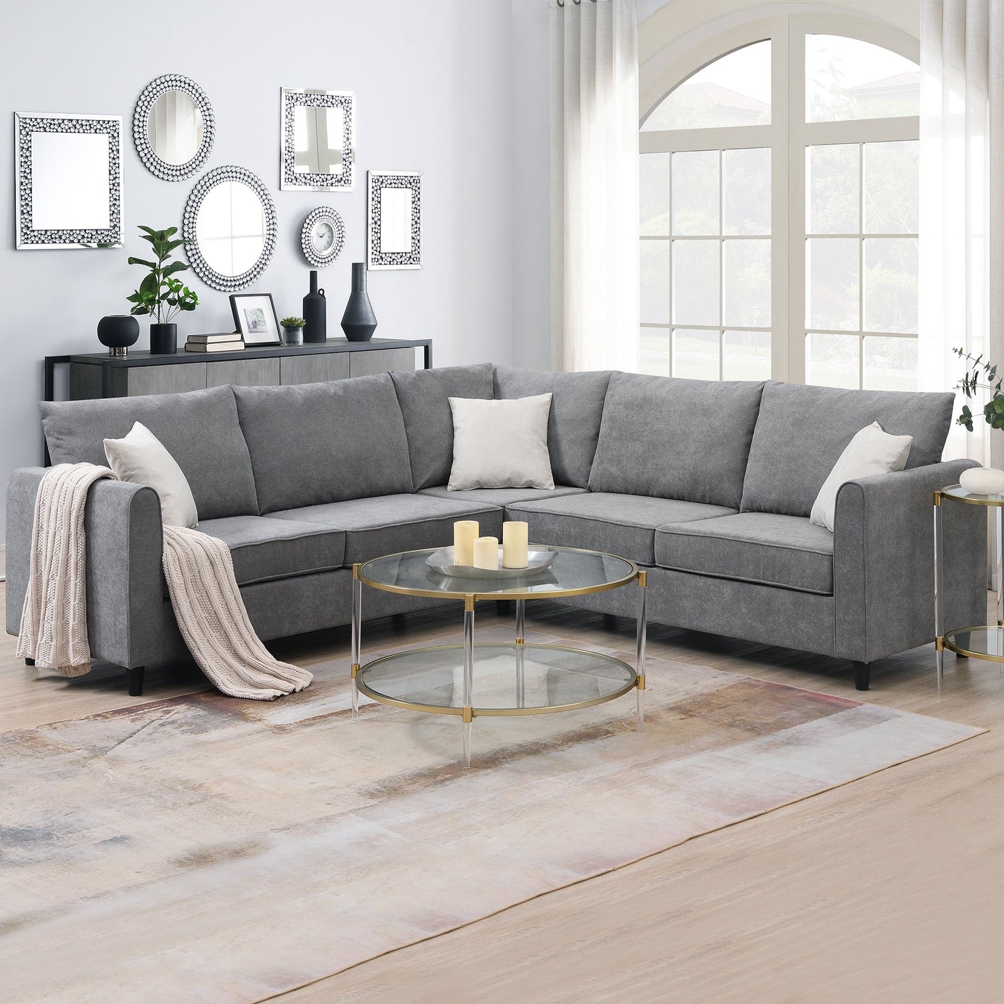 3 Piece Gray L Shaped Sectional Sofa with 3 Pillows
