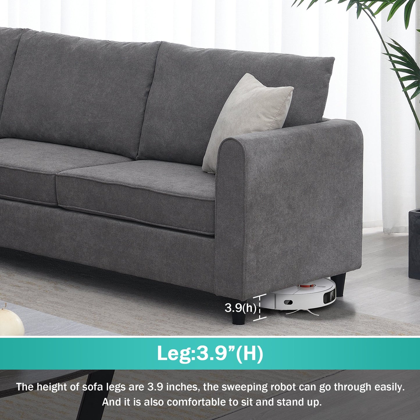3 Piece Gray L Shaped Sectional Sofa with 3 Pillows