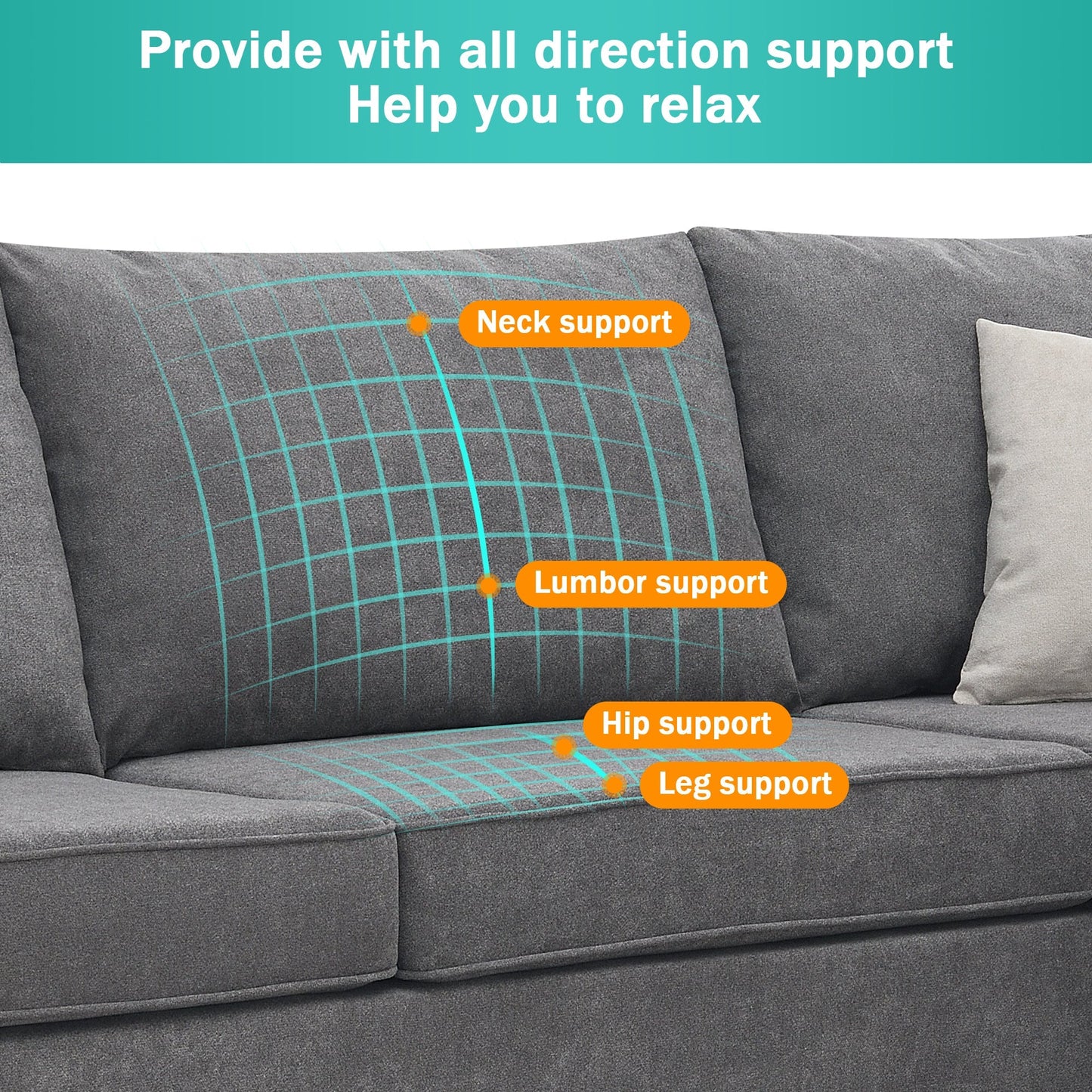 3 Piece Gray L Shaped Sectional Sofa with 3 Pillows