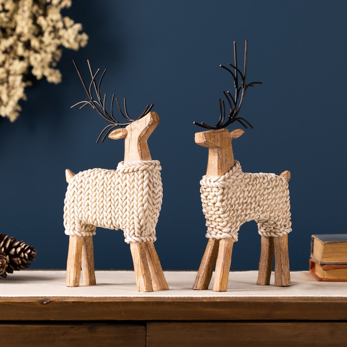 Holiday Deer Figurine with Woven Sweater, Set of 2