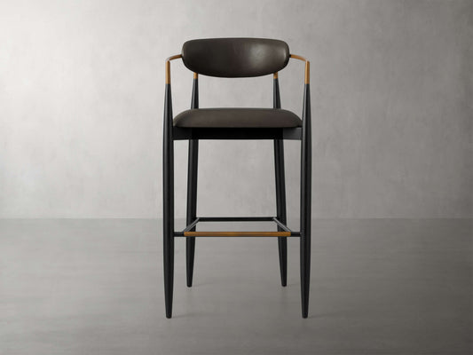 Jagger Faux Leather Stool in Black with Antique Brass
