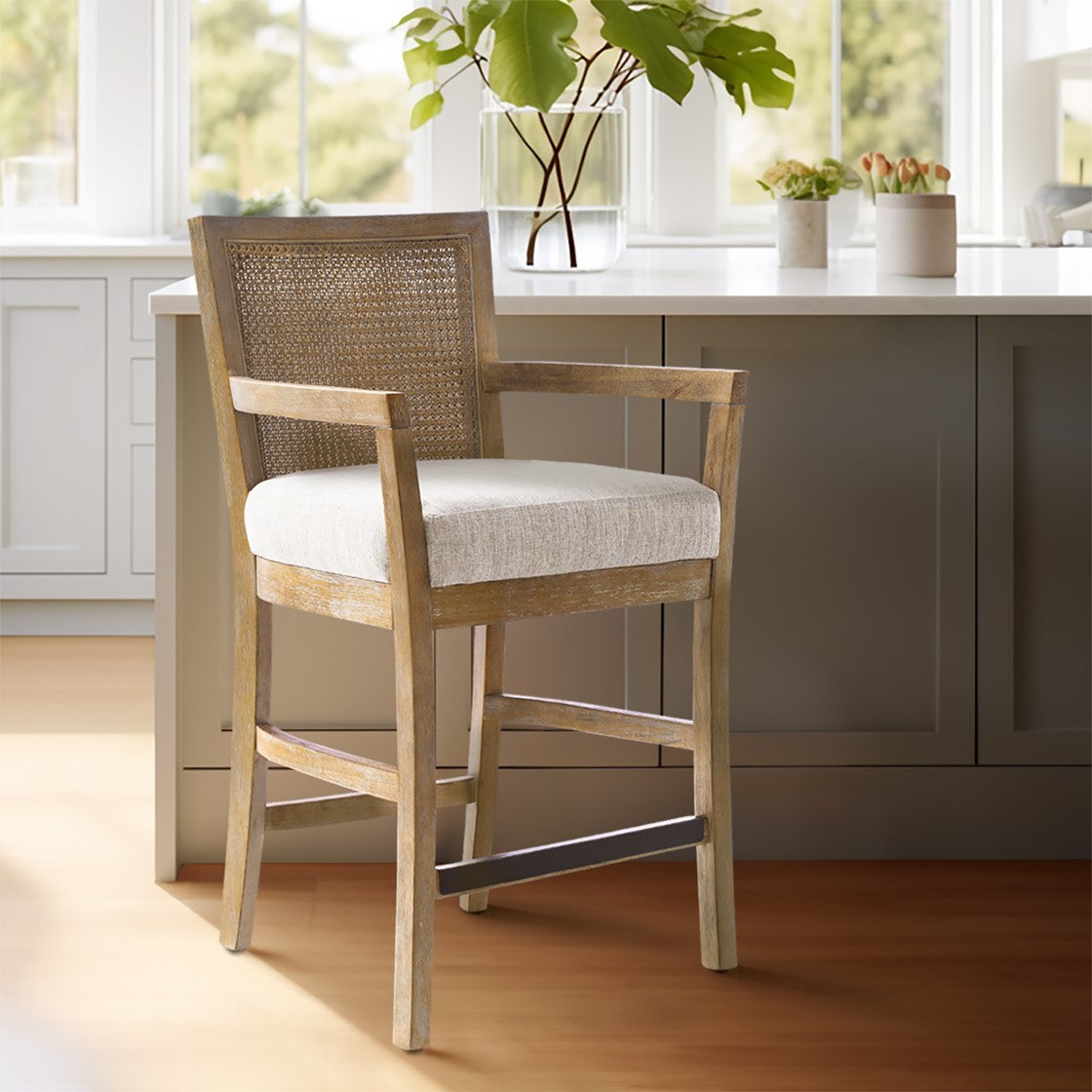 Upholstered Counter Stool with Cane Back and Open Arm Design