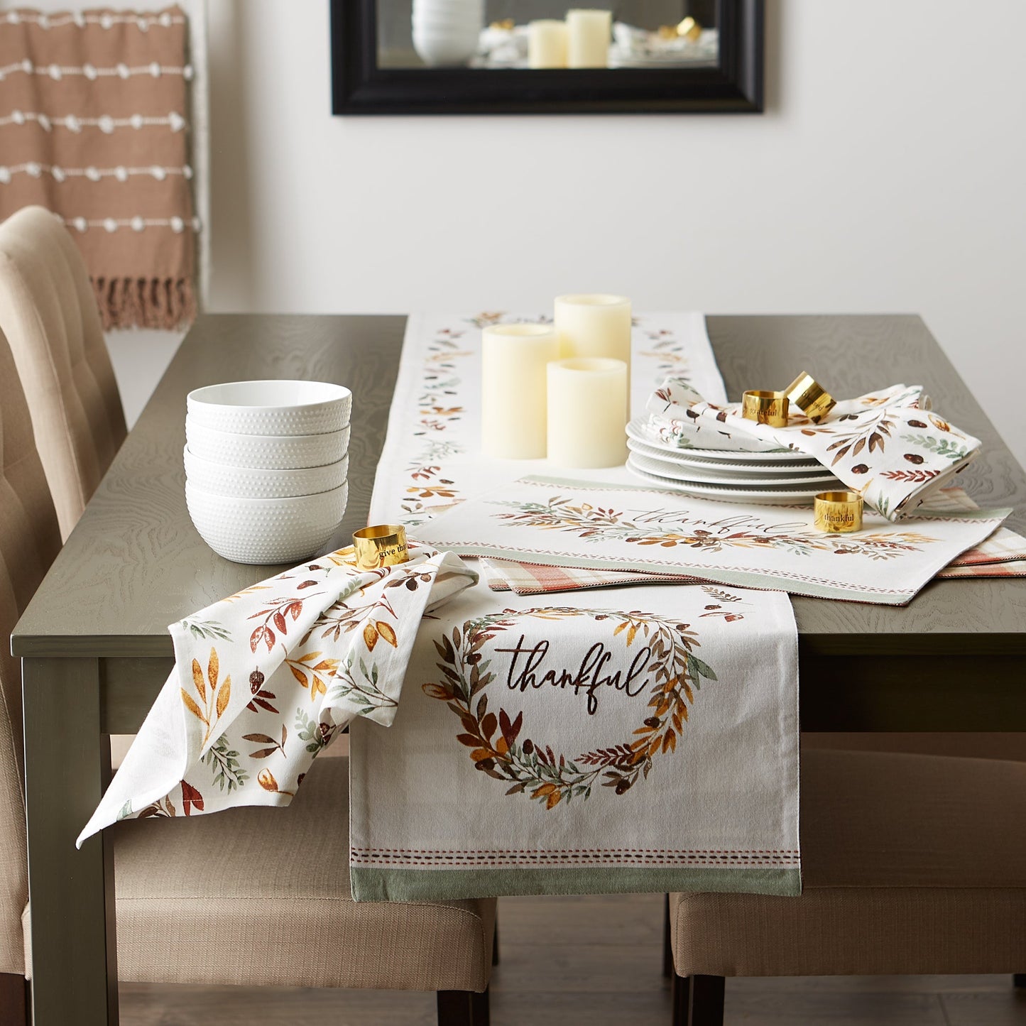 Thankful Autumn Wreath Reversible Embellished Table Runner 14X72
