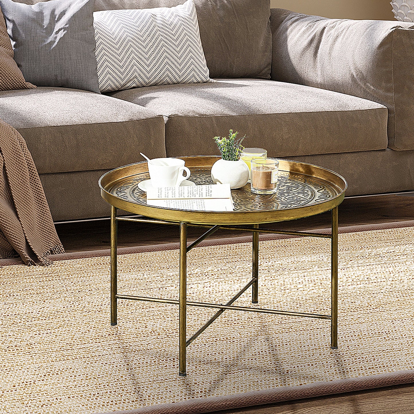 Round Coffee Table with Hammered Tray Top and X-Shaped Metal Base
