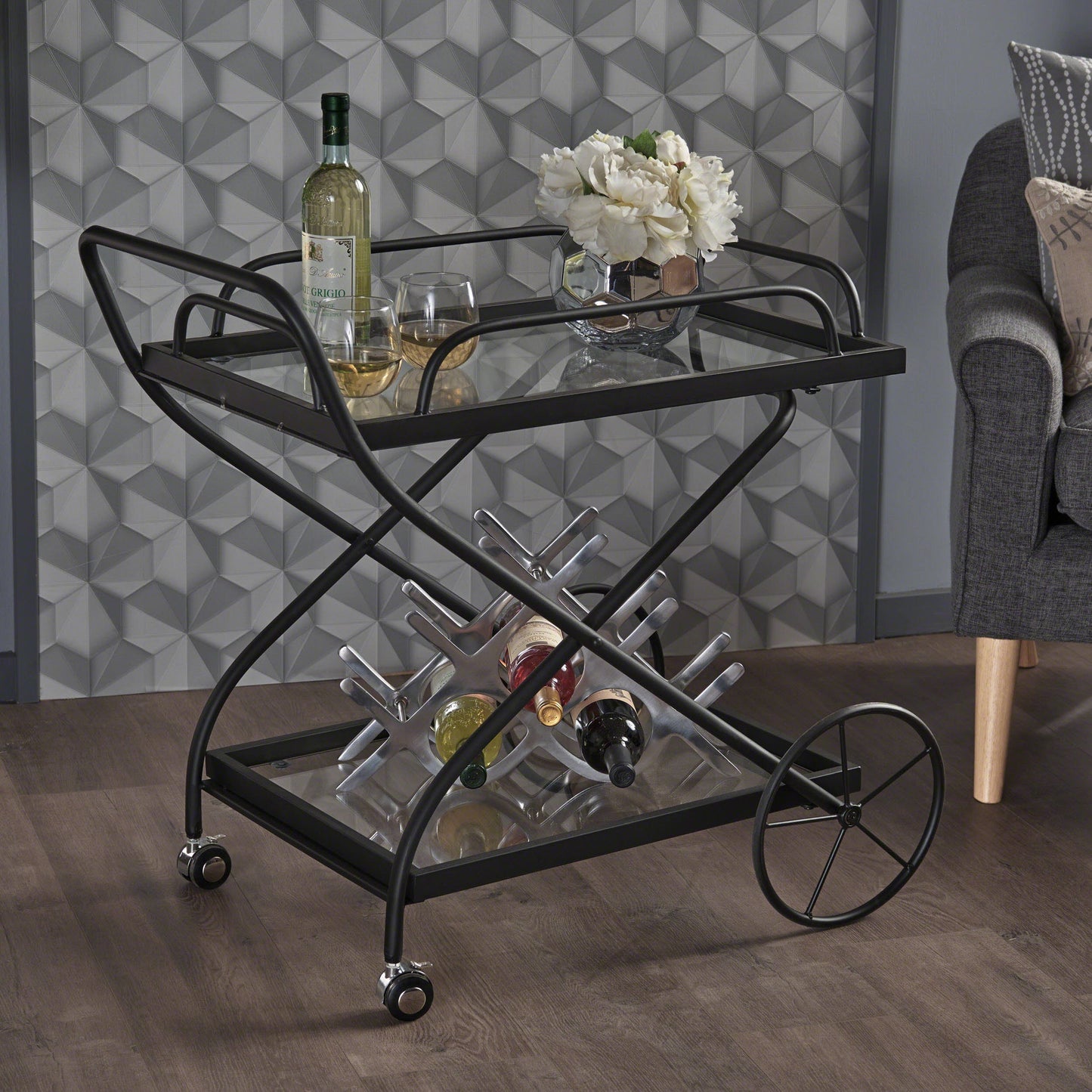 Allegro Outdoor Bar Cart with 2 Tempered Glass Shelves and Metal Frame